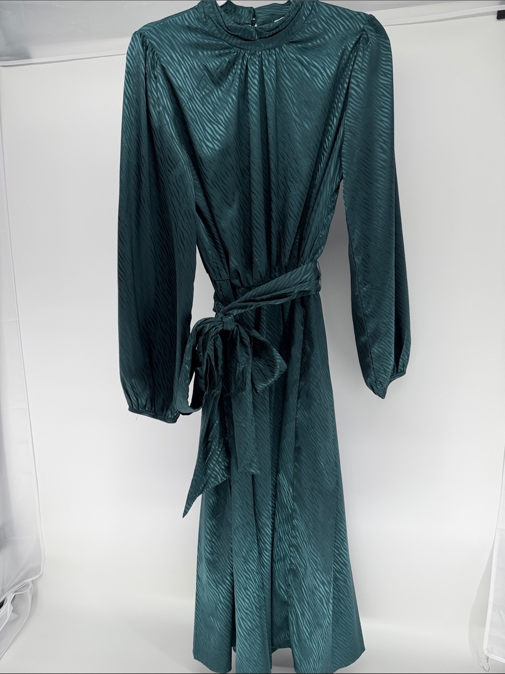 bohme Deep Teal Textured Midi Dress with Waist Tie